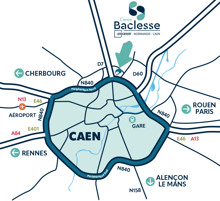 Plan de situation du Centre Baclesse dans Caen