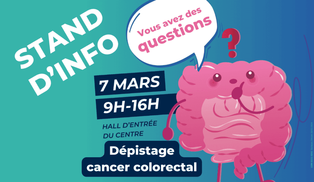 Bandeau du stand d'info dépistage du cancer colorectal le 7 mars 2024 au Centre Baclesse