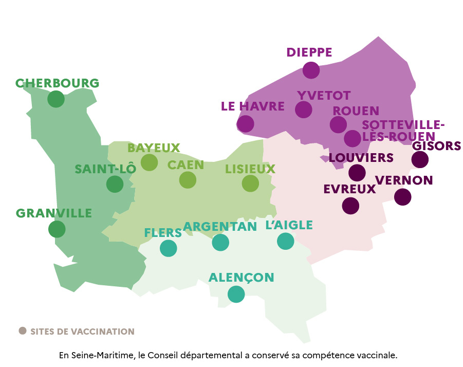 Carte des sites de vaccination en Normandie (Source : ARS Normandie)
